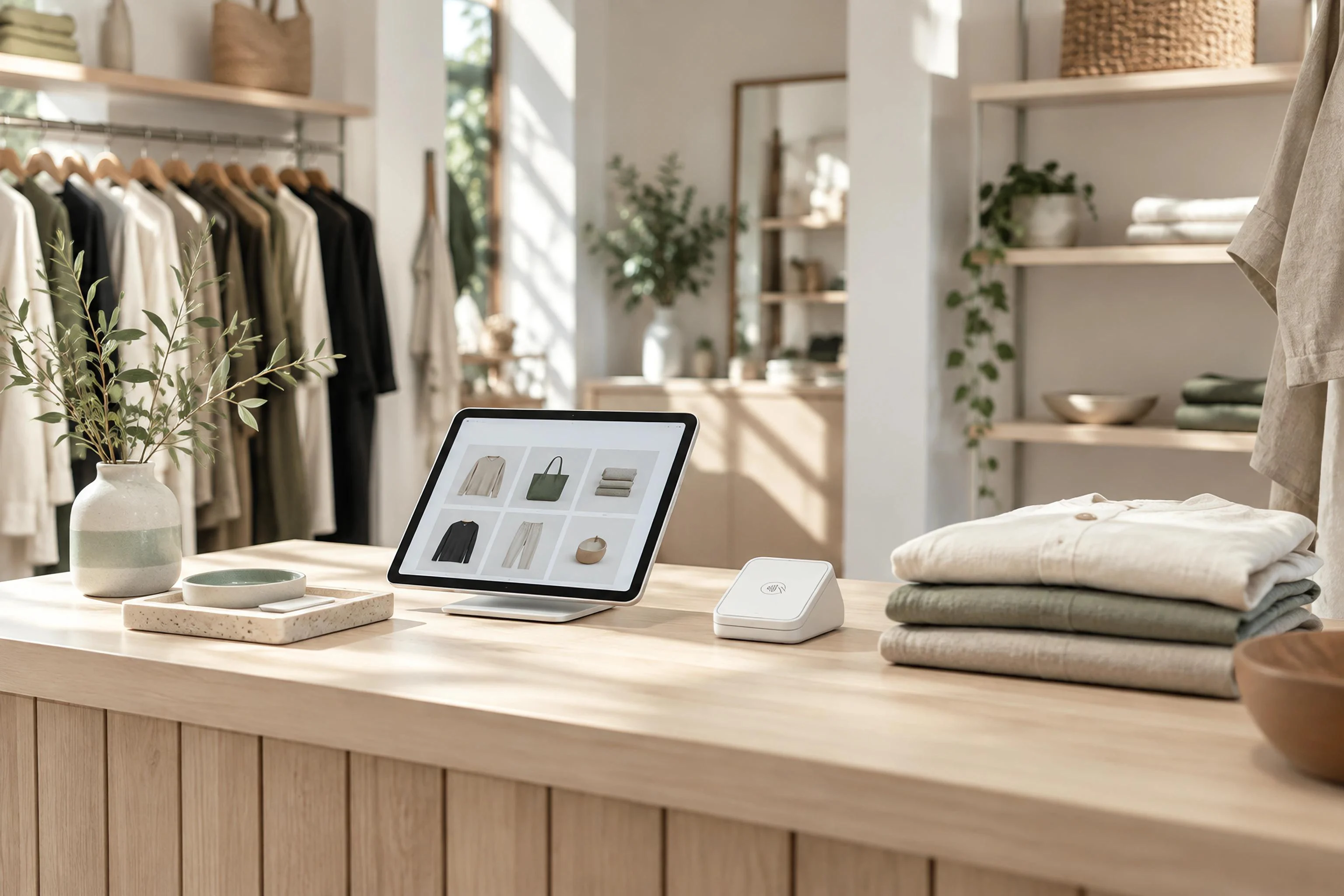 Katlanmış giysiler ve ürün görselleri açık bir tabletle butik mağaza tezgâhı