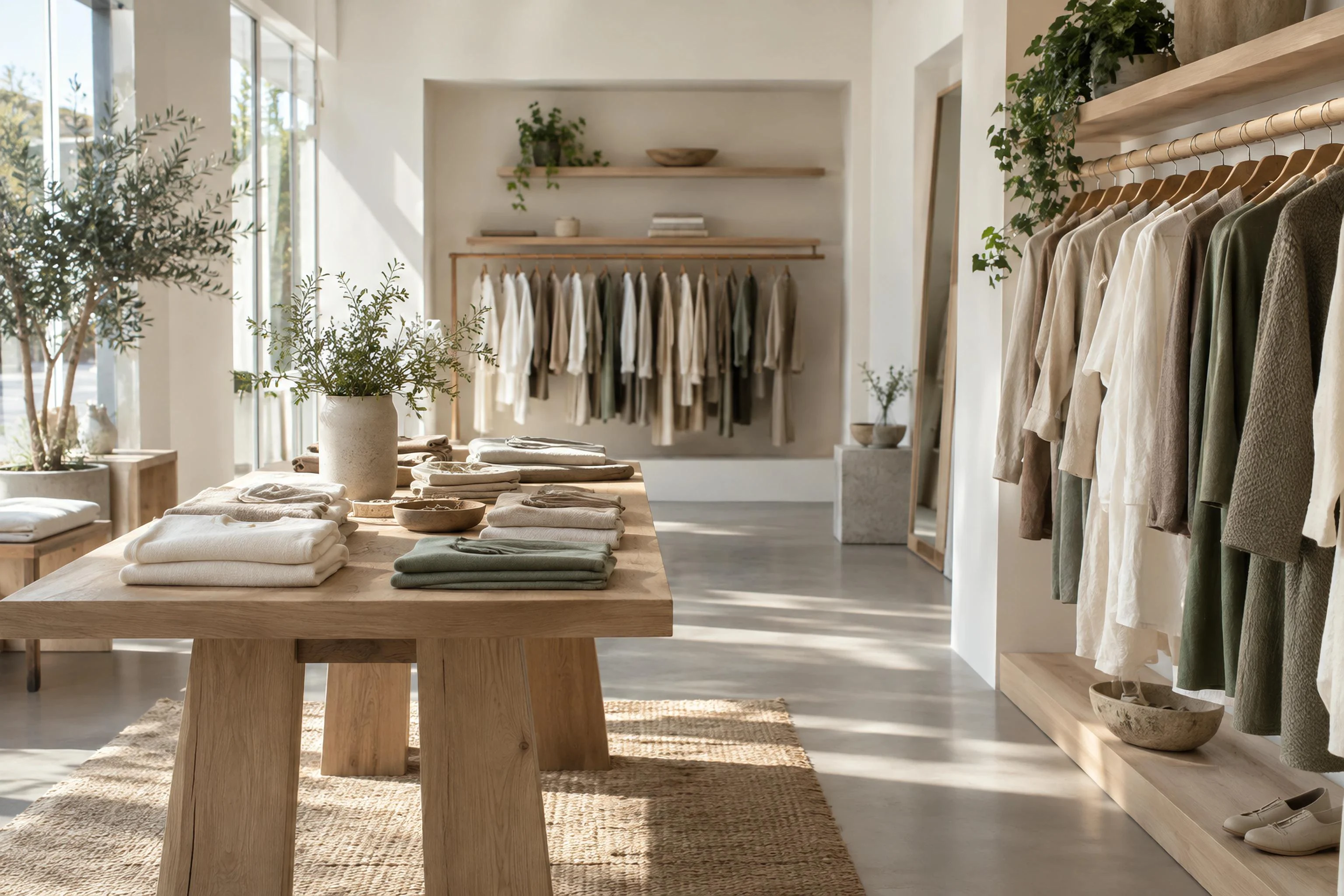 Ahşap askılarda giysilerin sergilendiği aydınlık bir butik mağaza
